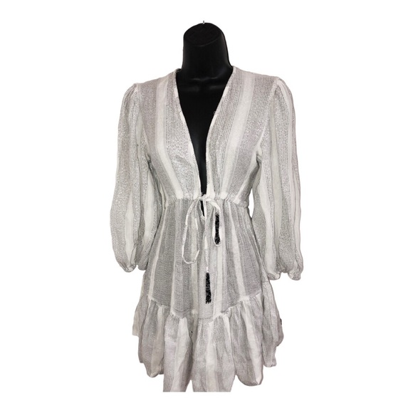 Blue Island white silver metallic low cut blouson sleeve embroidered mini dress - Picture 10 of 16